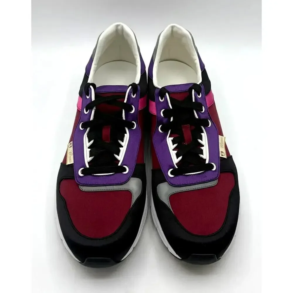 NIB GUCCI 3366 MULTICOLOR BLACK BURGUNDY GUCCI LOGO SATIN SNEAKERS TRAINERS 13.5